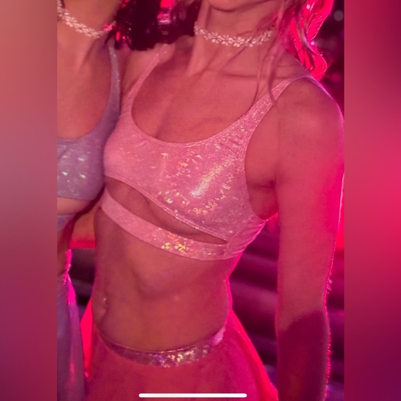 PINK Shimmer Rave Outfit Underboob top Cheeky Bottoms Mesh Skirt EDC - Picture 2 of 6